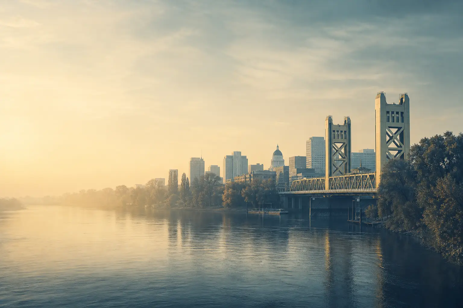 A lift bridge tower and the state capitol dome along the Sacramento River in Sacramento, California